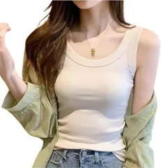 CALM.st タンクトップ キャミソール レディース リブ ブラ紐隠し インナー 伸縮性 細身 Uネック (ホワイト,  L)