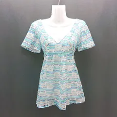 ◇ overtwenty 柄物 派手め Vネック 生地薄手 夏物 半袖 ブラウス サイズ7S ブルー/グリーン レディース E  【1307120004932】