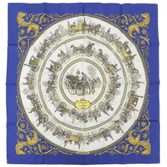 エルメス HERMES カレ90 ロンシャンへの散歩 馬車 スカーフ シルク ネイビー×マルチカラー レディース