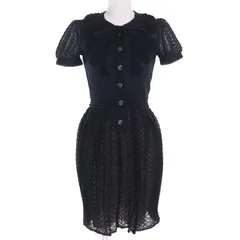 極美品△CHANEL シャネル P38456 インナードレス付き ココマークボタン レース フリル リボン 半袖ワンピース ブラック/ベージュ 34 フランス製 正規品 レディース