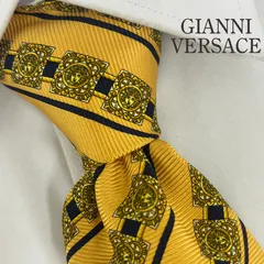 《美品》GIANNI VERSACE (ジャンニヴェルサーチ) シルクネクタイ 総柄 ストライプ メデューサロゴ グレカ イエロー ゴールド ブルー