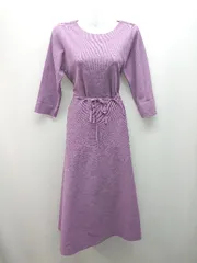 ◇ natural couture Uネック ニット ストレッチ リボン シンプル 長袖 膝丈 ワンピース サイズM パープル レディース E  【1307120022233】