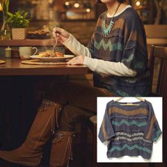 ビンデージ風◎【issey miyake】イッセイミヤケ サマーセーター ニット リネン 麻100% ボーダー 七分袖 ラウンドネック オールド レトロ マルチカラー グレー系 レディース サイズL位/M40740jF