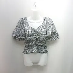 ◇ ◎ ●未使用● INGNI イング ギンガムチェック柄 ギャザー ガーリー 半袖 ブラウス サイズM ブラック系 レディース E  【1307120024978】