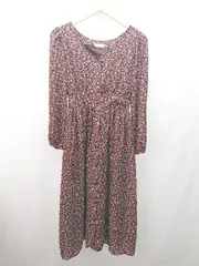 ◇ earth music&ecology 小花柄 バックウエストゴム かわいい 長袖 ロング ワンピース サイズF ボルドー レディース E  【1307120037589】
