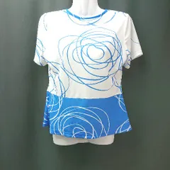 ◇ pierre cardin アート模様 透け感 リボン 夏 涼し気 半袖 カットソー サイズM ブルー/ホワイト レディース E  【1307120041609】