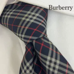 《訳アリ》Burberry (バーバリー) シルクネクタイ 総柄 チェック ネイビー レッド ホワイト ブラック