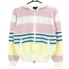 【美品】キャロウェイ ジップパーカー 白×ピンク×イエロー ボーダー調 胸ロゴ 織生地 レディース M ゴルフウェア Callaway