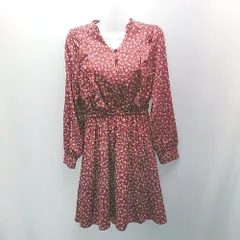 ◇ MAJESTIC LEGON 花柄 フロントボタン フリル　長袖 膝丈 ワンピース サイズM ボルドー レディース E  【1307120045683】