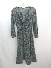 ◇ earth music&ecology フリル襟 ウエスト切り替え 花柄 長袖 ロング丈 ワンピース サイズF ブラック系 レディース E  【1307120047595】