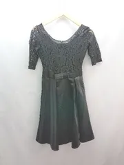 ◇ Lace Ladies レース ウエストリボン 上品 パーティー 七分袖 膝丈 ワンピース サイズS ネイビー レディース E  【1307120049926】