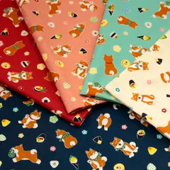 柴犬と巻き寿司 おさんぽ日和 シーチング生地  柴犬 犬柄 唐草模様 和柄 巾着 がま口 和雑貨 入園 入学 和調 小紋 日本 シャツ 犬好き ハンドメイド 手作り 布地 50cm単位