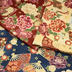扇子と牡丹 シーチング生地  チンツ加工 和柄 シャツ 花柄 日本 人気 おしゃれ 巾着 バッグ かっこいい レトロ アロハシャツ 布地 50cm単位