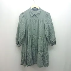 ◇ ZARA チュニック ガーリー ギャザー カジュアル フェミニン 長袖 ミニ丈 ワンピース サイズM グリーン レディース E  【1307210003203】