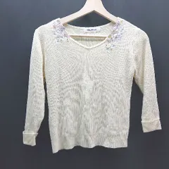 ◇ misch masch セーター Vネック 刺繍 ビーズ パール ガーリー 七分袖 ニット サイズM イエロー レディース E  【1307210003586】