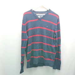 ◇ TOMMY HILFIGER ボーダー柄 カジュアル 春コーデ 秋コーデ 長袖 セーター サイズL ネイビー/レッド レディース E  【1307210009168】