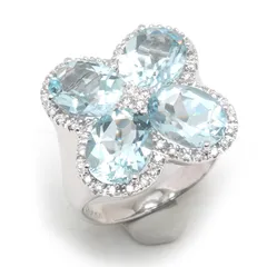 アクアマリンリング 約9.5号 K18WG ダイヤ0.28ct 四つ葉 フラワー