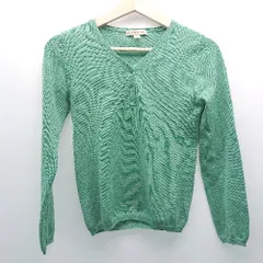 ◇ humanwoman ヒューマンウーマン Vネック 生地薄手 無地 シンプル 長袖 ニット サイズ2 グリーン系 レディース E  【1307210009786】