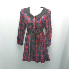 ◇ ◎ Lindsay チェック レース フロントボタン キッズ 長袖 ひざ丈 ワンピース サイズL(160) レッド/ブルー レディース E  【1307210022303】