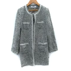 ナチュラルビューティーベーシック NATURAL BEAUTY BASIC ノーカラーコート ロング丈 ツイード ボーダー柄 レース L 白 ホワイト 黒 ブラック /SM11