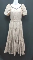 ◇ MIIA ミーア バックリボン ウエストゴム ティアード 半袖 ロング ワンピース サイズF ベージュ レディース E  【1307210049881】