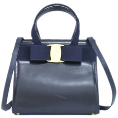 本物 サルヴァトーレ フェラガモ Salvatore Ferragamo ヴァラ リボン 2WAY ショルダーバッグ ハンドバッグ ポシェット レザー ネイビー Vara バッグ 中古  