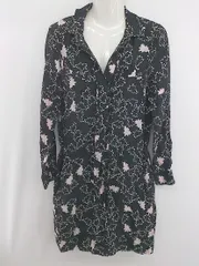 ◇ DIANE VON FURSTENBERG 総柄 長袖 膝丈 ワンピース サイズ4 ブラック ピンク ホワイト レディース E  【1307250002730】