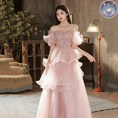 新品 未使用 イブニングドレス パーティードレス ウェディングドレス  結婚式 披露宴 演奏会 オフショルダー  ワンショルダ  キラキラ Aライン  ピンク