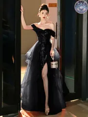 新品 未使用 イブニングドレス パーティードレス ウェディングドレス  結婚式 披露宴 演奏会 オフショルダー  ワンショルダ  キラキラ Aライン  ブラック