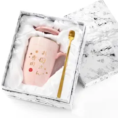 Livole 母の日プレゼント 母親 誕生日プレゼント マグカップ お母さん 敬老の日 ギフト 蓋付き 陶器 おしゃれ 大容量 コーヒーカップ おもしろ コップ カップ コーヒー お茶 ジュース 食洗器応対 耐熱 耐冷 400ml 、ピンク大理石柄「お母さん専