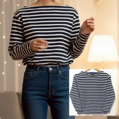 フランス製◎【SAINT JAMES】セントジェームス バスクシャツ カットソー ロンT ボーダー 長袖 コットン100% ボートネック 着回し お出かけコーデ ネイビー レディース サイズXS/M40750jF