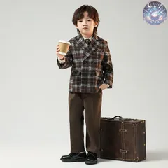 新品 未使用 フォーマルスーツ 男の子 4点セット ジャケット ベスト パンツ ネクタイ チェック 子供服 キッズ 入園式 入学式 卒業式 演出 冠婚葬祭