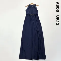 ASOS エイソス☆ホルターネック後ろリボンロングドレス UK１２ブルー系 背中見せ 胸元vスリット
