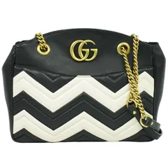 本物 グッチ GUCCI GGマーモント チェーン ショルダーバッグ トートバッグ レザー ブラック ホワイト 443501 バッグ 中古  