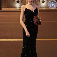 新品 未使用 ウェディングドレス パーティードレス 結婚式 披露宴 演奏会 ワンピース ブラック マーメイド タイト Vネック キラキラ 大人 上品