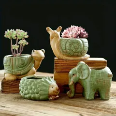 新しい未使用 ミニプランター 4つセット 多肉植物ポット セラミック 植木鉢 ミニ フラワーポット かわいい 動物 アニマル プランター 鉢植