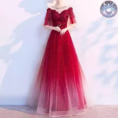 新品 未使用 花柄レッドロングドレス 結婚式パーティー パーティードレス　披露宴 演奏会 半袖ゴージャス