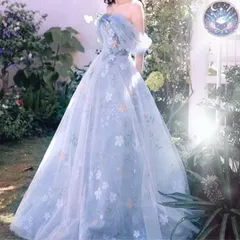 新品 未使用 結婚式・パーティードレス お花が可愛い水色オフショルダー プリンセスドレス ウエディングドレス 披露宴
