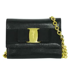 本物 サルヴァトーレ フェラガモ Salvatore Ferragamo ヴァラ リボン チェーン ショルダーバッグ ポシェット レザー ブラック Vara バッグ 中古  