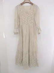 ◇ one after another NICE CLAUP 切替 刺繍 レース 長袖 膝下丈 ワンピース サイズF ベージュ系 レディース E  【1307250039217】