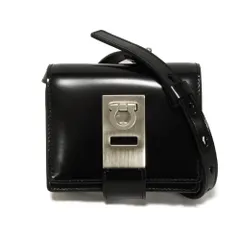 Salvatore Ferragamo サルヴァトーレフェラガモ ガンチーニ ポシェット カードケース 二つ折りフラップ 2WAY ポーチ ミニバッグ RFID ICチップ 未使用 新ロゴ ブラック エンボス ショルダーバッグ 661170