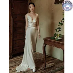 新品 未使用 ウェディングドレス 花嫁 ロングドレス パーティードレス  サテン ハイウエスト リボン パールモチーフ 発表会 演奏会 ステージ コンクール ノースリーブ シンプル フォマール