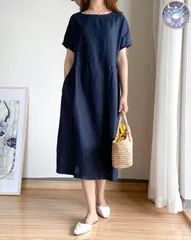 新品 未使用 ワンピース レディース 半袖 マキシワンピ ゆったり ロング丈 綿麻混 体型カバー ナチュラル シンプル デート 着痩せ 森ガール 大きいサイズ  夏 カジュアル 無地