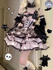 新品 未使用 ロリータワンピース  lolitaドレス  洋服  3点セット（ワンピース アームカバー レースネックカラー）少女風  ふんわり レース＆リボン装飾  コスプレ