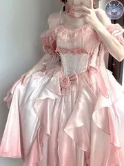 新品 未使用 ロリータワンピース  lolitaドレス  洋服   2点セット（ワンピース トレーン）少女風  ふんわり レース＆リボン装飾  コスプレ