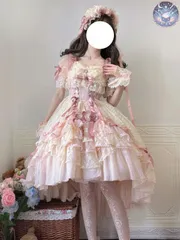 新品 未使用 ロリータワンピース  lolitaドレス  洋服   5点セット（ワンピース ベール ヘアクリップ アームカバー トレーン）少女風  ふんわり レース＆リボン装飾  コスプレ