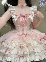 新品 未使用 ロリータワンピース  lolitaドレス  洋服   3点セット（ワンピース ネックアクセサリー ミニハット）少女風  ふんわり レース＆リボン装飾  コスプレ