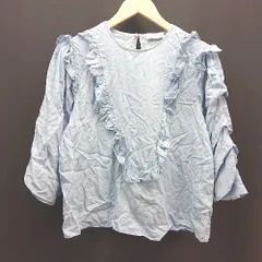 ◇ ◎ ZARA WOMAN ラウンドネック フリル かわいい おしゃれ ガーリー 長袖 ブラウス サイズL ライトブルー レディース E  【1307260026351】