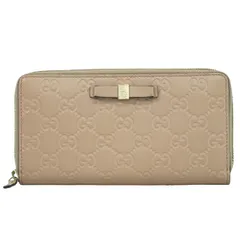 本物 グッチ GUCCI リボン ラウンドファスナー 長財布 ロングウォレット グッチシマ レザー ピンクベージュ 388680 財布 ウォレット 中古  