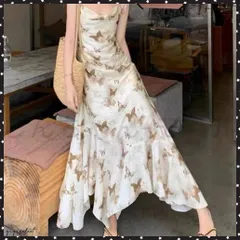 蝶柄キャミワンピース アシンメトリー夏服 リゾートワンピース レディース 涼しげ ロングワンピース ノースリーブ フリルワンピース 大人可